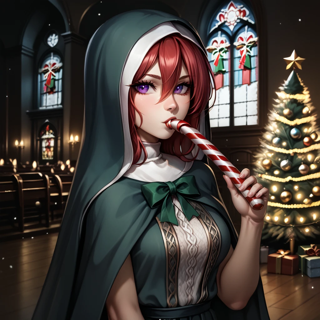 score_9,score_8_up,score_7_up,source_anime,
cowboy shot,<lora:sis (4):1>,sister friede,1girl,solo,hooded cape,dress,hood down,purple eyes,red hair,hair over eye,hair between eyes,looking at viewer,sucking on a candy cane,christmas,christmas tree,indoors,church,depth of field,