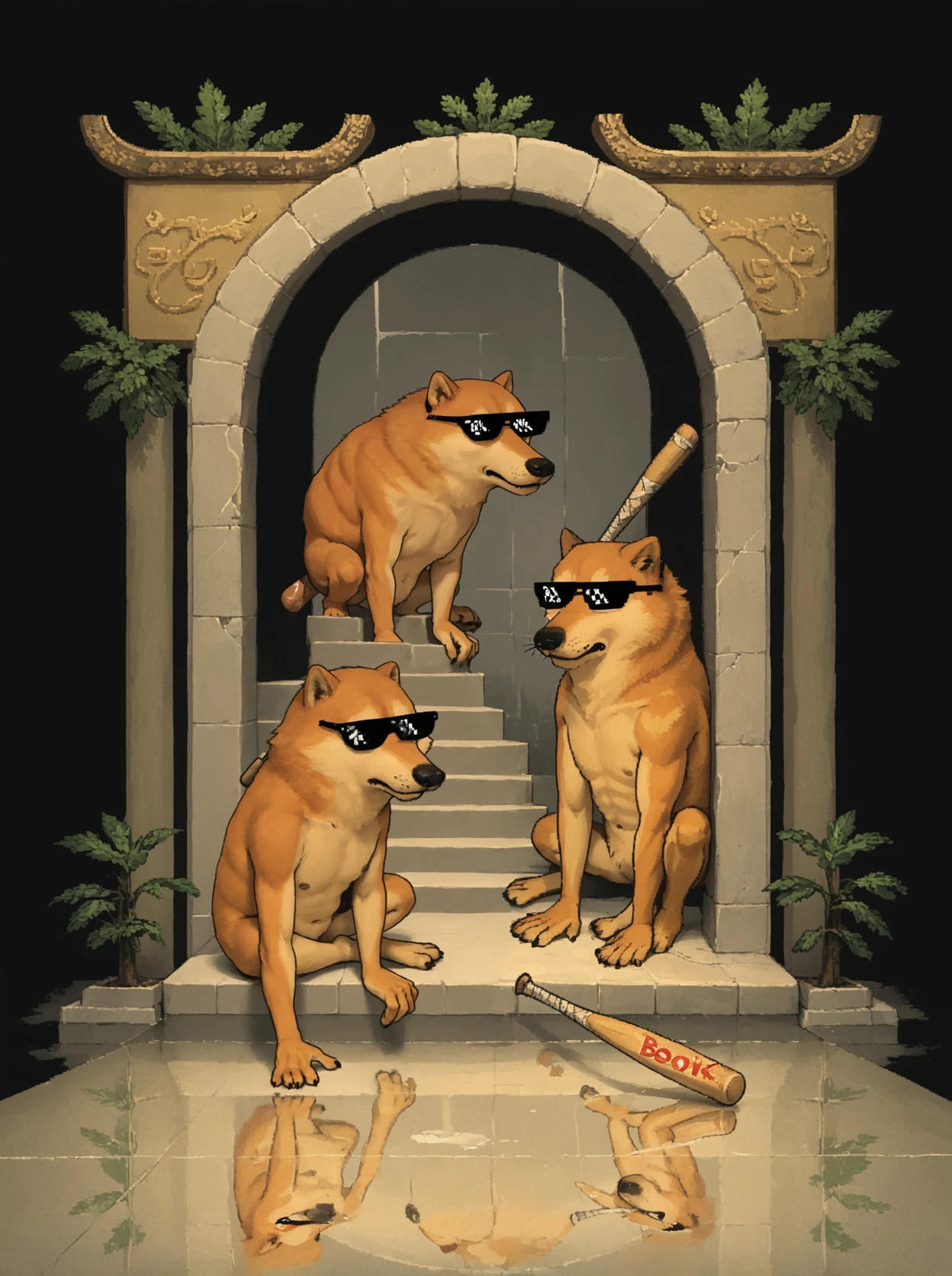 <lora:Doge:1>, d0ge, (bonk:1.5), baseball bat, hitting, cool, sunglasses, impact, hit in face, no human, reflection, anthro, samurei, samurai, gang, BREAK score_9, score_8, (score_7:0.5), (score_6:0.5), score_6_up, score_7_up, BREAK