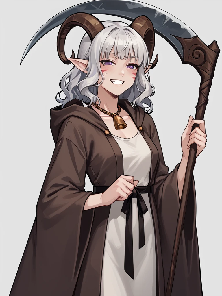 <lora:Scythe:0.8> holding Scythe:1.3, scythe,
 source_furry, score_7_up, rating_safe, cowboy shot, gold necklace, tiefing, short pointed ears, brown horns, (a pair of brown sheep Horns that begin at her temples and curve back: 1.5), bangs, long silver hair long wavy hair, pale skin, <lora:whisker_markings:0.8>red whisker_markings ,short pointy ears, purple eyes, <lora:age_slider_v4:0.6>   medium breasts, skinny female,  silver hair, <lora:Tieflingnew weird fantasyDND:0.3> Tiefling, pointed ears, horns, half-closed eyes<lora:Smooth Style 2 SDXL_LoRA_Pony Diffusion V6 XL:0.5> bell, robe, hood off,
grin, fang