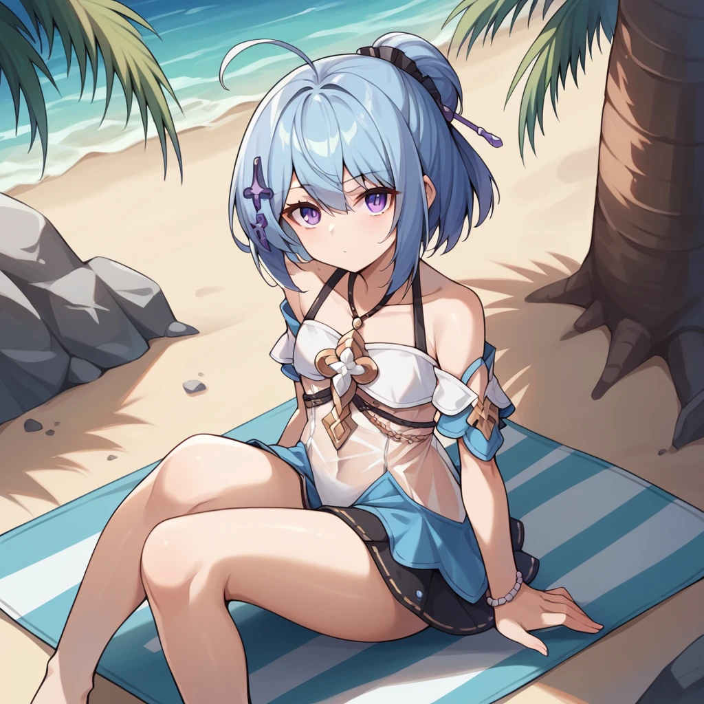 score_9_up, score_8_up, score_7_up, score_6up, source_anime, 1girl, solo, Griseo, Gris_Swimsuit, masterpiece, best quality, sun light, sitting on towel, from above, covered in sand, feet, bend knees, looking at you, confused, tilted head, purple eyes, ahoge, blue hair, swimsuit, swimsuit skirt, short sleeves, detached sleeves, bare shoulders, tied hair dynamic cowboy shot, outdoors, palm trees, beach ocean background,