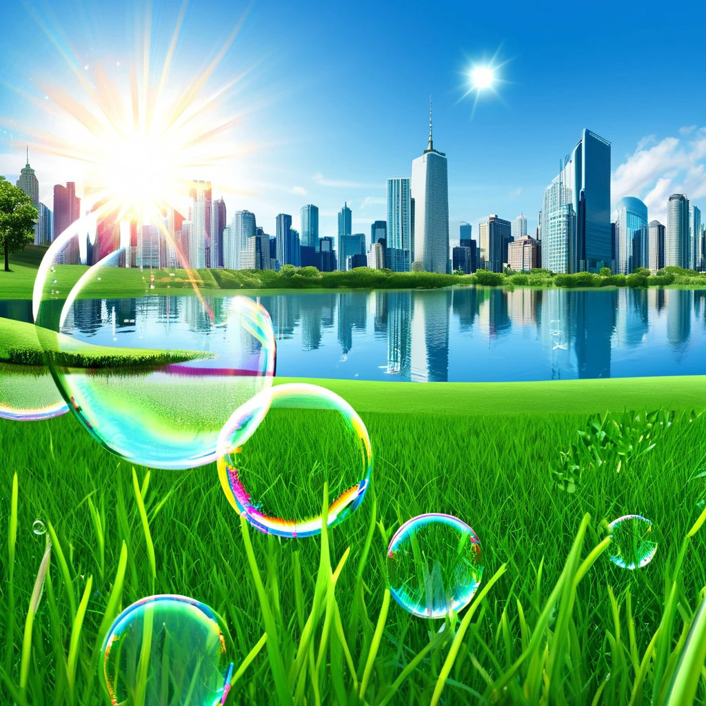 grass, field, lake, skyline, skyscrapers, trees, bubbles, sun, lens flare, UHD, 8K, high resolution, ultra detailed