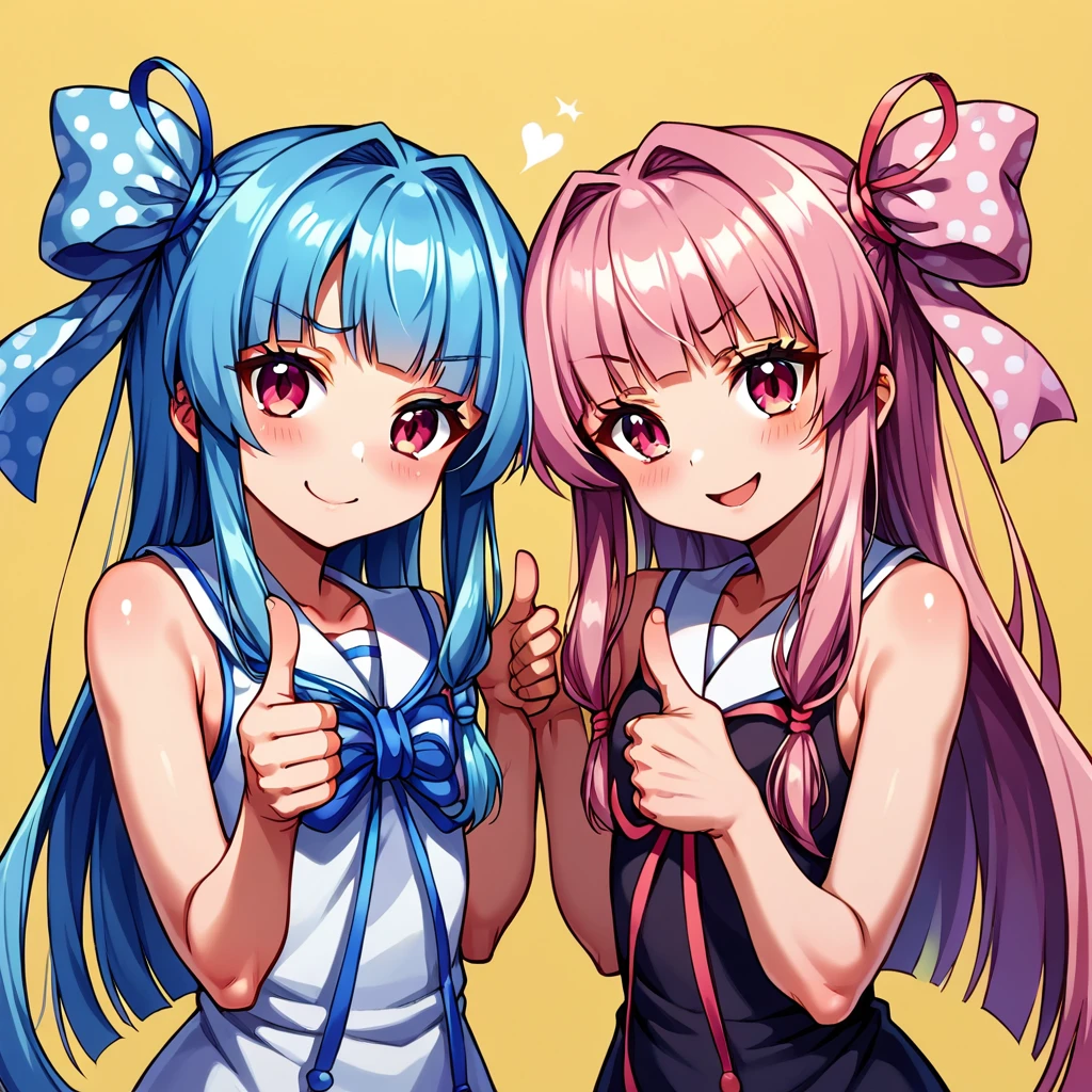 score_9, score_8_up, score_7_up, source_anime, BREAK
2 girls, sisters, kotonoha akane, kotonoha aoi, blue hair, pink hair, black dress, white dress, 
<lora:Kotonoha_MMD_Pony_V1:0.85>KotonohaMMD, pink eyes, long hair, bangs, blunt bangs, sidelocks, very long hair, hair intakes,hair ribbon, ribbon, hair ornament, hair tie,  yagasuri,
dress,sleeveless, bare shoulders, collared dress,  wide sleeves, long sleeves,
(upper body:1.5),
((yellow background, simple bacground,))
smile, looking at viewer, ((Thumbs up:1.5)),upper body,Heart speech bubble