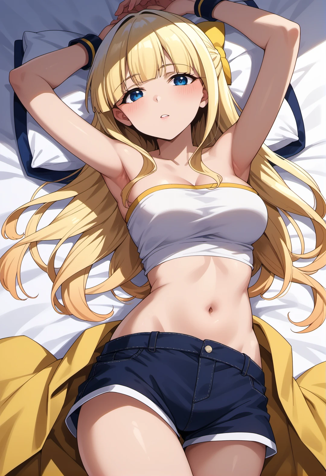Artoria Pendragon,Blonde hair, golden eyes, mature,white bunny ears headband,long hair ponytail, big breasts, slim, white bikini,bed,