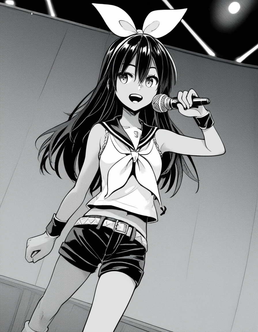 score_9, score_8_up, score_7_up, source_anime, sakiyoshida, <lora:saki-yoshida-manga-ponyxl-lora-nochekaiser:1>, saki yoshida, long hair, hair between eyes, monochrome, greyscale, black hair,, <lora:rin-kagamine-cosplay-ponyxl-lora-nochekaiser:1>, rinkagaminecosplay, rin kagamine \(cosplay\), bare shoulders, belt, black sailor collar, black shorts, bow, crop top, detached sleeves, grey legwear, grey shorts, grey sleeves, hair bow, leg warmers, neckerchief, sailor collar, school uniform, shirt, short shorts, short sleeves, shorts, white bow, white footwear, white shirt, yellow neckerchief,, indoors, stage, stage lights, audience, singing, microphone, holding microphone,, cowboy shot, dutch angle, solo,