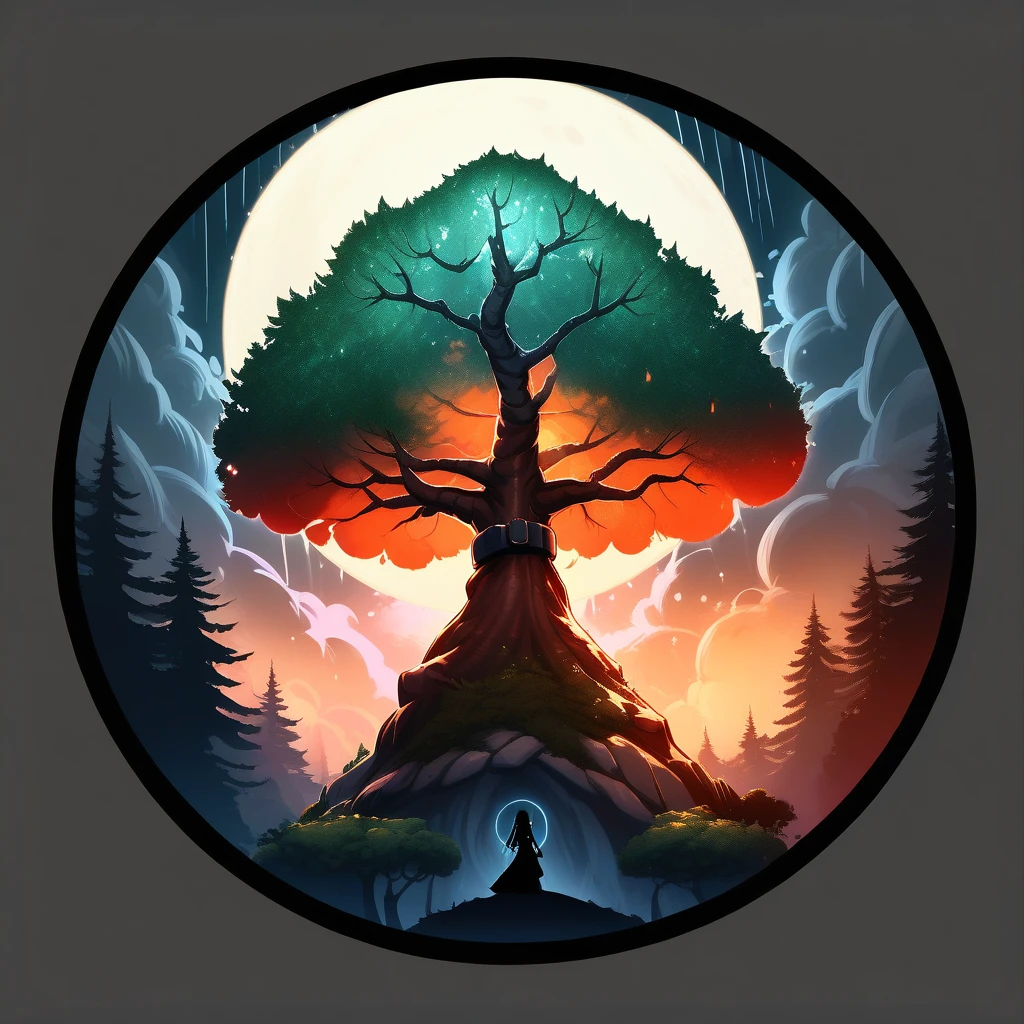 masterpiece，best quality,
circle icon, content in the circle icon, simple background, cuffed sleeves architecture supernova cloud formation,play of light and shadow,full moon,majestic forest canopy BREAK disunited, rain