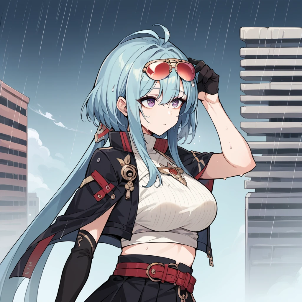 score_9_up, score_8_up, score_7_up, score_6up, source_anime, 1girl, solo, Griseo, Gris_Red, masterpiece, best quality, hand on eyewear, heavy rain, from side, looking up, face focus, rain splash on face, wet, expressionless, long hair, low twintails, purple eyes, blue hair, crop top, cropped black jacket, midriff, short sleeves, black shorts, black skirt, side skirt, black thighhighs, elbow gloves, black gloves, ahoge, white sweater, belt, eyewear on head, mature body, dynamic cowboy shot, outdoors, cityscape street background,