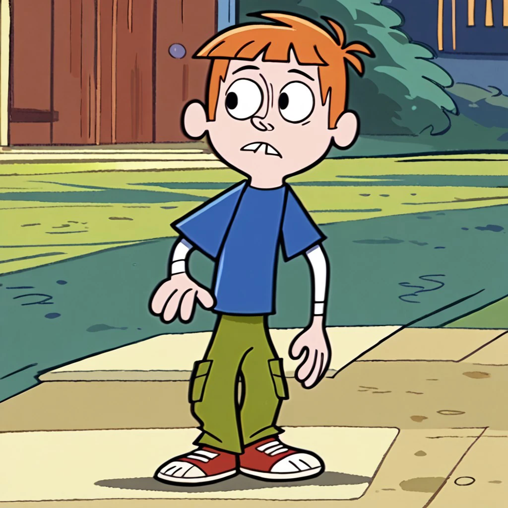 score_9, score_8_up, score_7_up, BREAK ToddWS, 1boy, short orange hair, black eyes, tooth gap, short-sleeved blue shirt, long-sleeved white undershirt, green pants, red white shoes, solo, solo focus, walking dogs,
