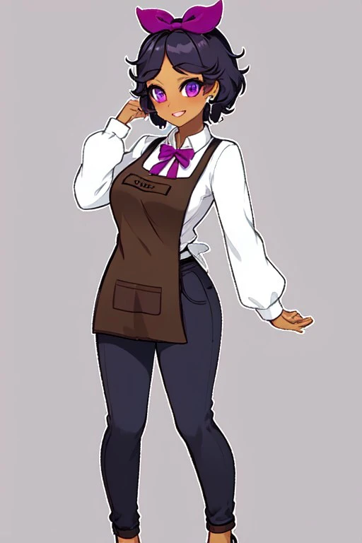 LotusCrushCrush, 1girl, solo, short hair, white shirt, black hair, long sleeves, purple eyes, hair ribbon, hair bow, collared shirt, pants, dark skin, apron, dark-skinned female, purple bow, brown apron, large breasts, thick thighs, simple background, full body, looking at viewer, (HD, 4K, High quality),