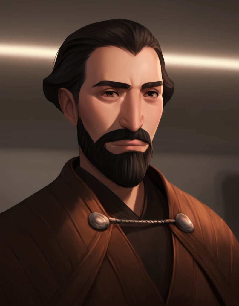 score_9, score_8_up, score_7_up, score_6_up, score_5_up, score_4_up,  photorealistic, realistic,  Young-Dooku, Star Wars, solo, short hair, black hair, 1boy, closed mouth, upper body, beard, mustache, male focus, blurry background, spacecraft interior, <lora:Younger_Count_Dooku:1>