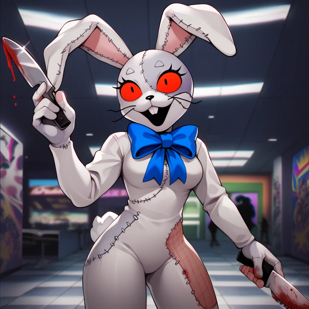 score_9,score_8_up,score_7_up,score_6_up,source_anime,rating_questionable, cowboy shot, glitch effect, horror, holding knife, bloodstains, bloody,neon mall, <lora:Vanny_-_FNAF:0.8> vanny_fnaf, rabbit costume, rabbit ears, red eyes, blue bow, furry, stitches, zPDXL2,