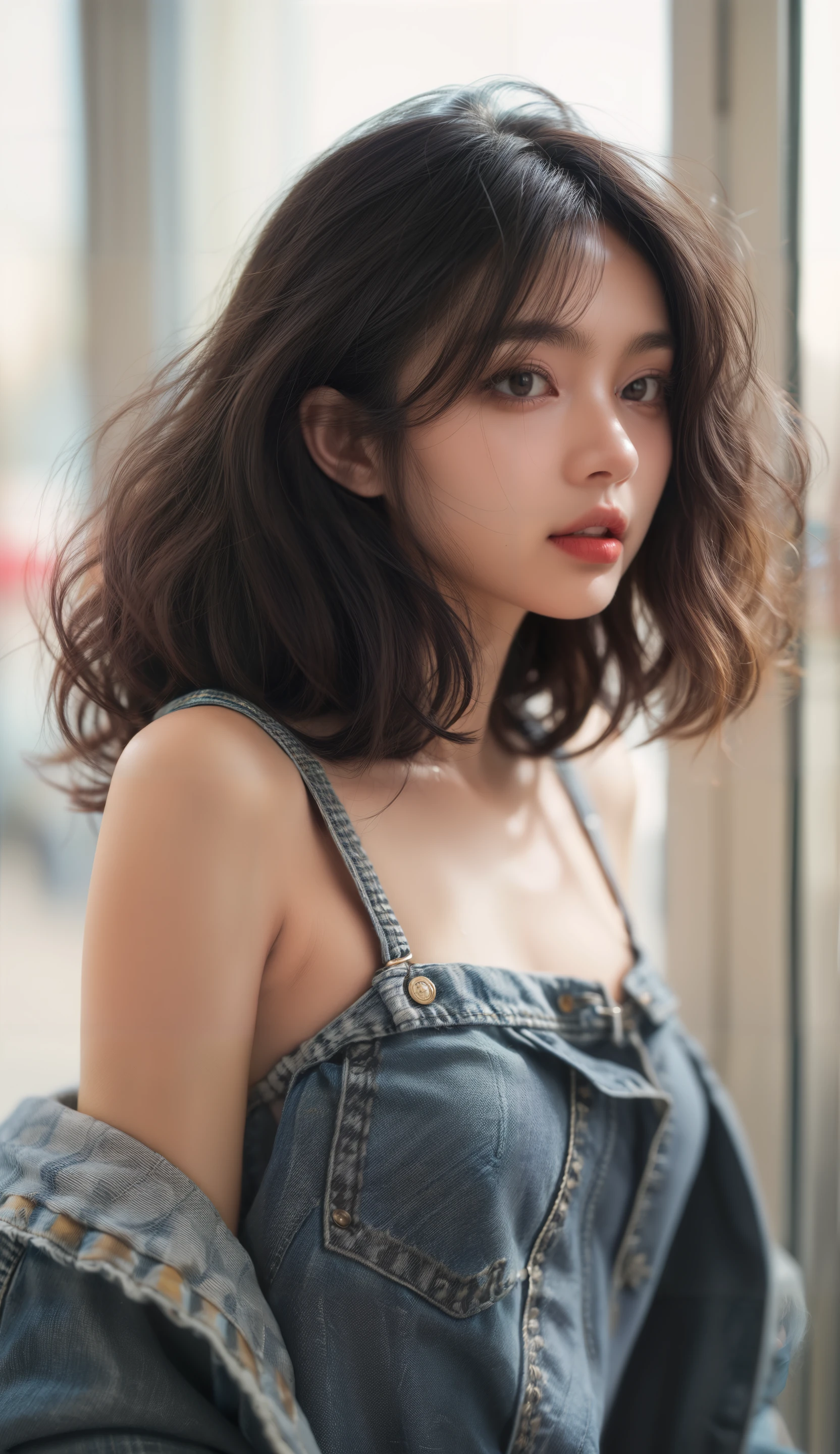 1girl, afternoon, black hair, close-up, curly hair, denim, polaroid style, realistic, upper body