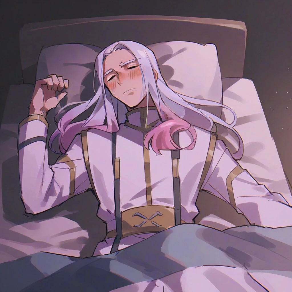 score_9,score_8_up,score_7_up,score_6_up,score_5_up,score_4_up, solo, 1boy, male focus, long hair, pink hair, white hair, gradient hair, closed eyes, bed, on bed, lying, on back, indoors, sleeping, cute, blanket, under covers, blush