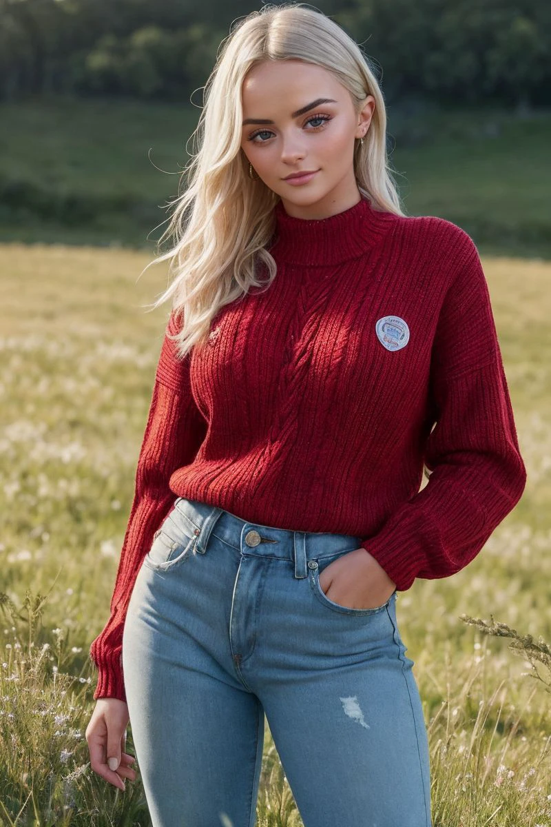 photo of S464_MillieGibson,a stunning woman,on a (field:1.1),wearing a (red sweater),(white jeans),(4k, RAW photo, best quality, 50mm, depth of field, ultra high res:1.1),(intricate, photorealistic, cinematic-shot, masterpiece, ultra-detailed:1.1),