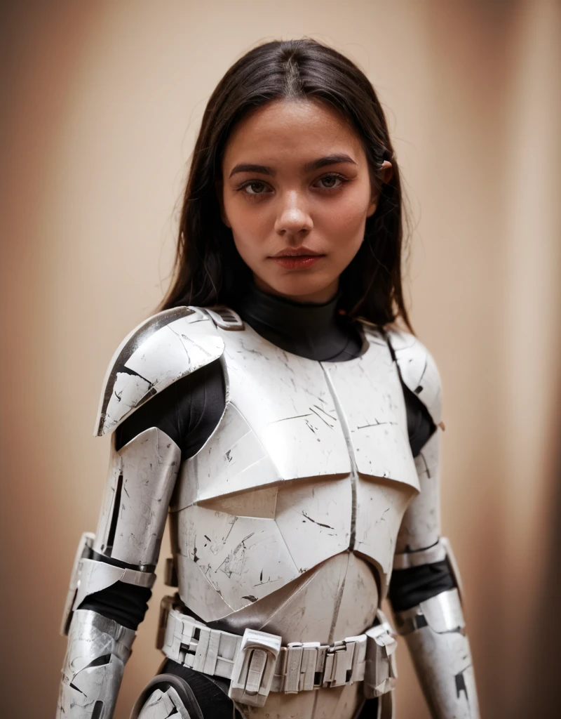 score_9, score_8_up, score_7_up, score_6_up, score_5_up, score_4_up,  photorealistic, realistic, , blurry background, spacecraft interior,  Clone-Trooper, Clone-Wars, solo, 1girl, holding, female focus, armor, parody, black hair, tan skin, <lora:Phase_I_Clone_Trooper:1>