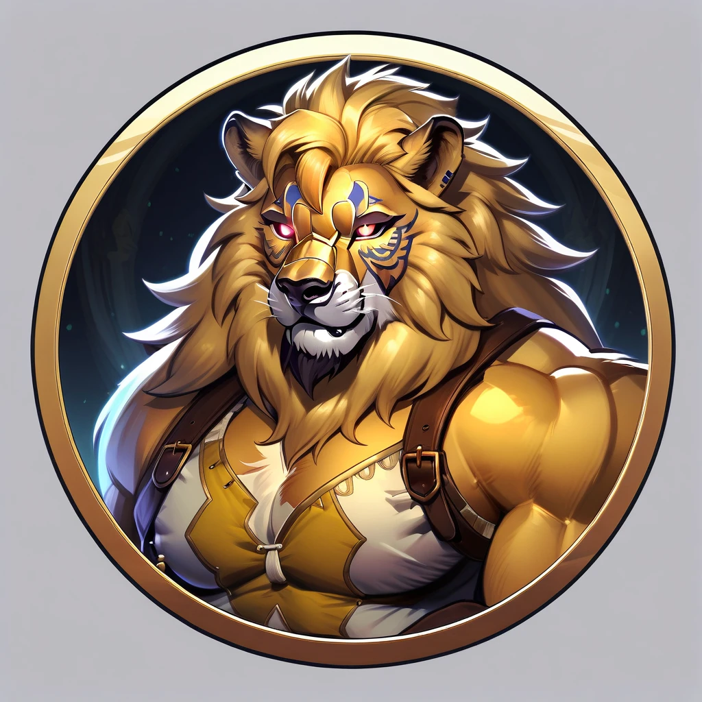 masterpiece，best quality,
circle icon, content in the circle icon, male focus, 1boy, solo, muscular, lion, blonde hair, pectorals, upper body, lion ears, lion boy, muscular male, looking at viewer, furry male, furry, round image, colored sclera, long hair, beard, animal ears, pectoral cleavage, bara, facial hair, glowing eyes