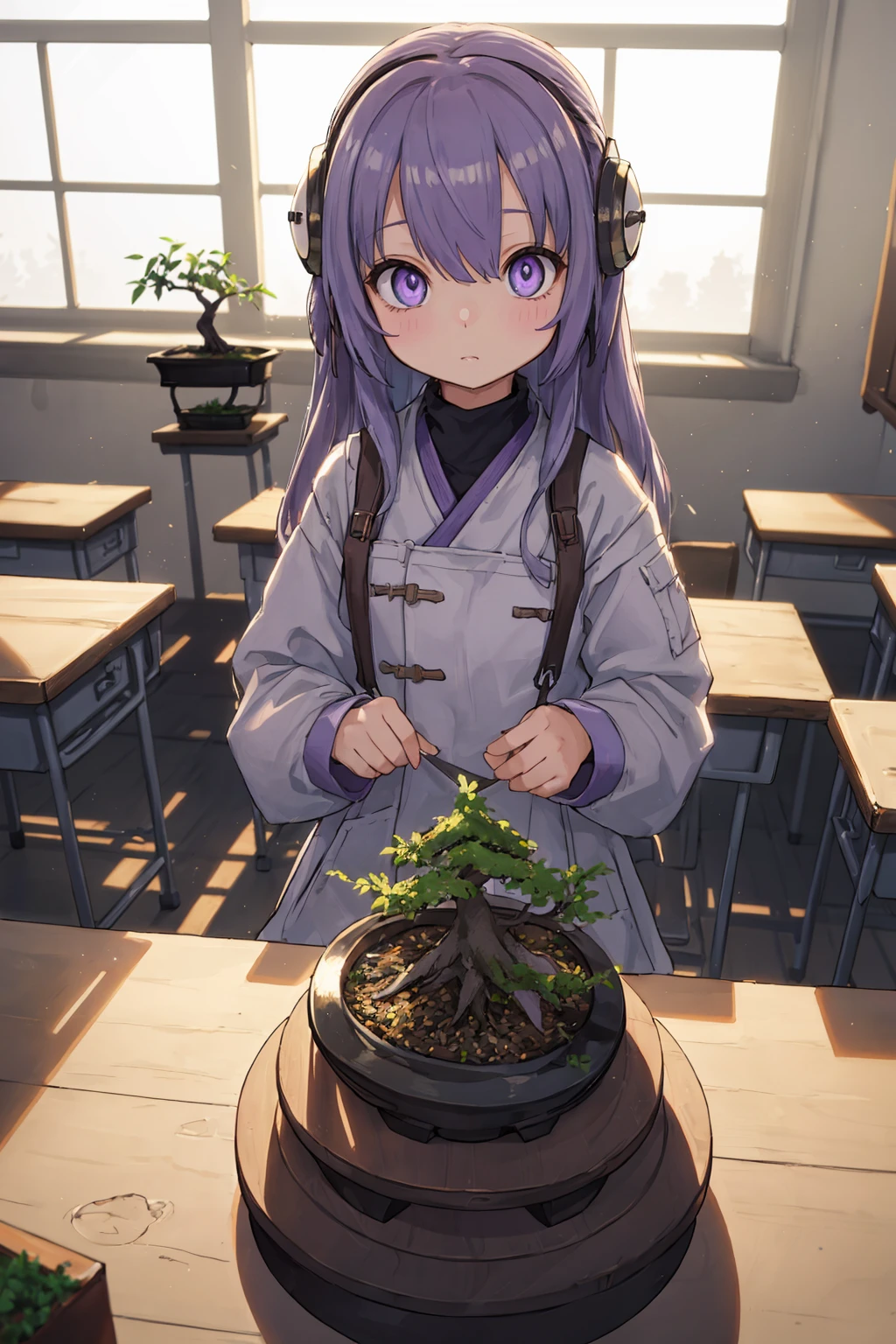 (depth of field:1.5),(high resolution:1.1) BREAK
(Sunlight illuminates a classroom filled with rows of empty wooden desks. Each desk features a small pot with a carefully tended bonsai tree.:1.3) BREAK
1girl,Reclining on a tree trunk or rock,long hair,(Lavender eyes:1.3) BREAK
Futuristic space pilot dress with utility pockets and tech gadgets BREAK