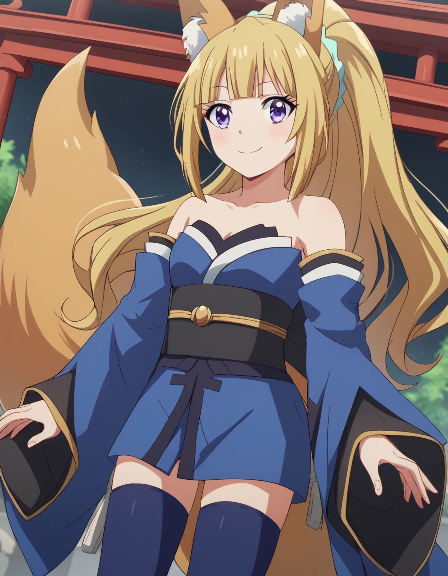 score_9, score_8_up, score_7_up, source_anime, keikaruizawa, <lora:kei-karuizawa-anime-s2-ponyxl-lora-nochekaiser:1>, kei karuizawa, long hair, bangs, blunt bangs, purple eyes, blonde hair, hair ornament, ponytail, scrunchie, blue scrunchie,, <lora:tamamo-no-mae-cosplay-ponyxl-lora-nochekaiser:1>, tamamonomaecosplay, tamamo no mae \(cosplay\), animal ears, bare shoulders, blue kimono, blue thighhighs, detached sleeves, fox ears, fox tail, japanese clothes, kimono, obi, sash, collarbone, thighhighs, wide sleeves,, shrine, smile, blush,, cowboy shot, dutch angle, solo,