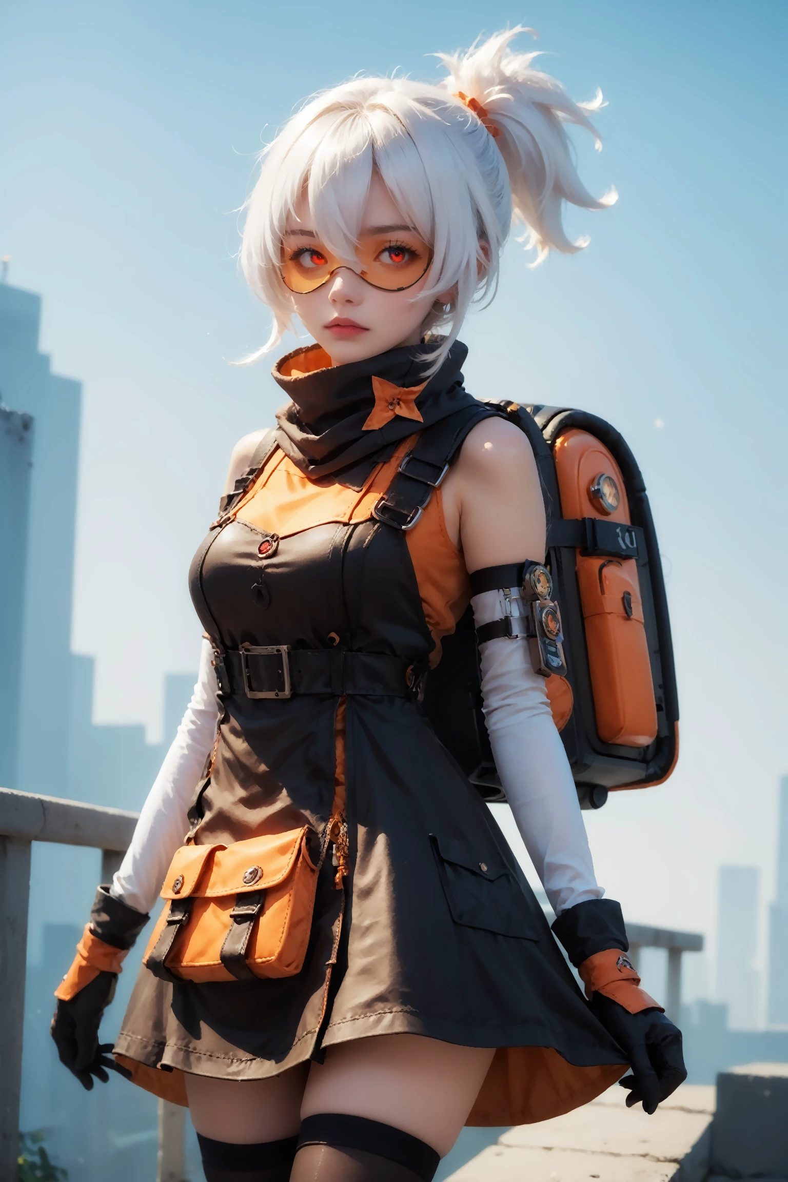 score_9, score_8_up, score_7_up, imtd11zzz, 1girl, gloves, red eyes, white hair, bangs, ponytail, hair between eyes, goggles, black thighhighs, bare shoulders, orange tinted eyewear, short hair, backpack, dress, scarf, rating_questionable.
