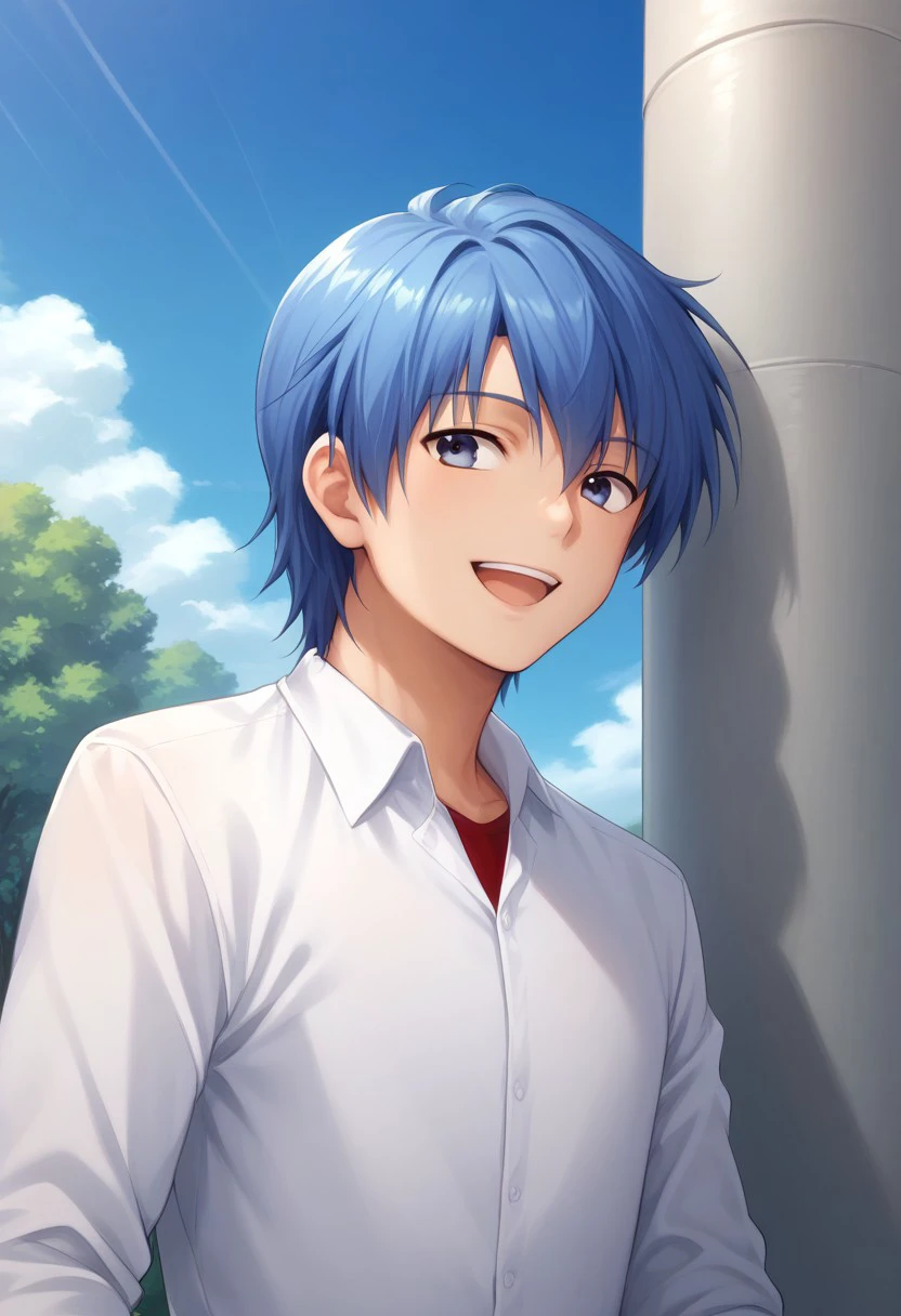 score_9, score_8_up, score_7_up, source_anime, highly detailed, 
hideki, 1boy, solo, male focus, blue hair, sky, cloud, day, shirt, blue sky,
blue eyes, open mouth, smile, white shirt,
outdoor, sky, blue sky, tree