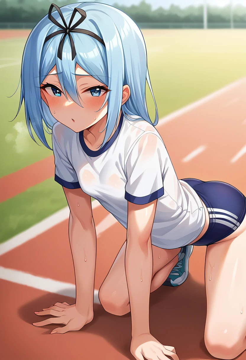 score_9, score_8_up, score_7_up, source_anime, masterpiece, 1girl, ctiankrulc1fer, small breasts, solo, light blue hair, blue eyes, gym outfit, buruma, gym shirt,  facing viewer, looking at viewer, outdoors, trackfield, depth of field, sunny, day, sweat, shiny skin, smell, stretching, <lora:Krulcifer_Einfolk_pony_ct:1>