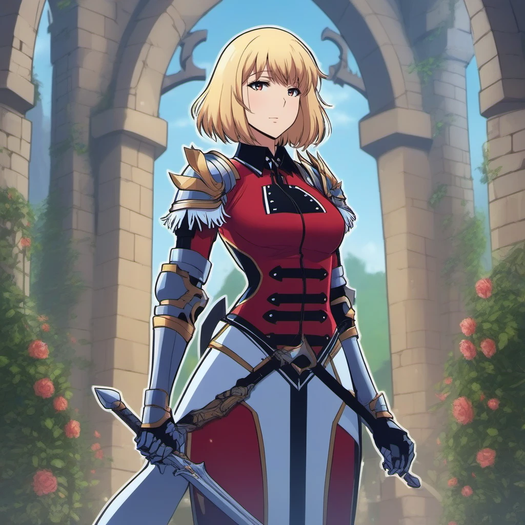 anime artwork full body portrait 1GIRL,SOLO,BLONDE short HAIR, LARGE BREAST, ARMOR, sword, weapon, SHEATH, GAUNTLETS, BOOTS, stands in a medieval castle garden <lora:ChaHaeIn1024:0.8> . anime style, key visual, vibrant, studio anime,  highly detailed