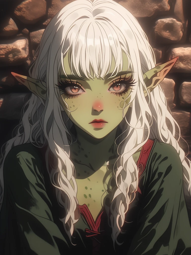 GLSHS, a girl, Gith, pointed ears, spots on skin, red nose, green skin, fantasy, dungeon background, long eyelashes, bangs, long white hair