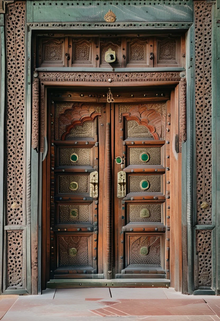 A stunning, high-resolution photograph of an exquisite Indian palace door surrounded by a backdrop of a worn grey concrete wall. The wooden door showcases intricate carvings and patterns, with a small, circular peephole in its center. Two substantial metal handles adorn the door, providing a sharp contrast to the intricate wooden design. The atmosphere exudes grandeur and history, highlighting the rich cultural heritage of India. The door's intricate details and the contrasting metal handles create a captivating image of ancient and modern elements coexisting.Indian_Building, ExteriorType:Mansion