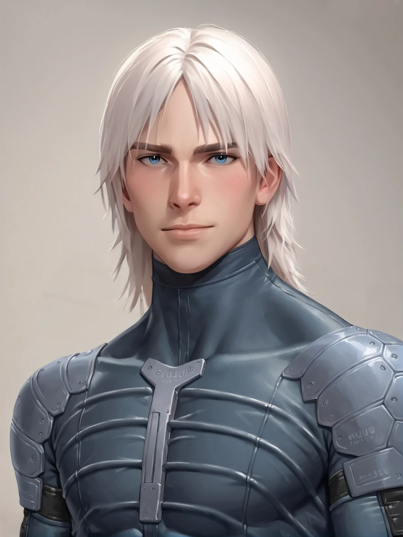 score_9, score_8_up, score_7_up, score_6_up, realistic, source_anime, yaoi, ((portrait:1.1)), lean, source_anime, realistic, 1boy, closeup, raiden_a, solo, white hair, ((long mullet hair:1.1)), blue eyes, armor, rib cage in armor, bodysuit, (armor:1.1), blush, shy, smile, looking at viewer, (skinny:1.1)  , ((facing viewer:1.45))    <lora:Raiden_a-000001:0.9>