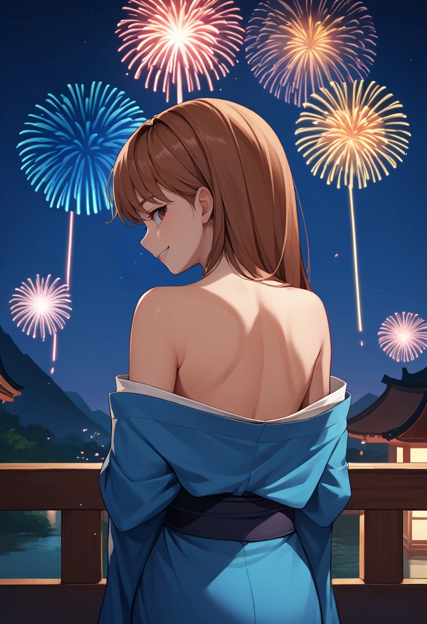 score_9, score_8_up, score_7_up, source_anime, from behind, solo, 1girl, dqdaisy, smile, looking back, brown hair, brown eyes, japanese clothes, blue kimono, off shoulder, bare shoulders, fireworks <lora:dq_daisy_ponyXL-000008:1>