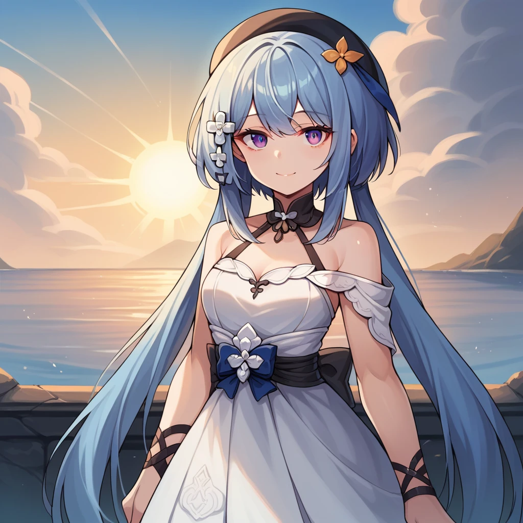 score_9_up, score_8_up, score_7_up, score_6up, source_anime, 1girl, solo, Griseo, Gris_Def, masterpiece, best quality, sun light, standing, looking at you, smile, long hair, low twintails, purple eyes , blue hair, halter dress, hair ornament, beret, dynamic cowboy shot, outdoors, clouds sky background,