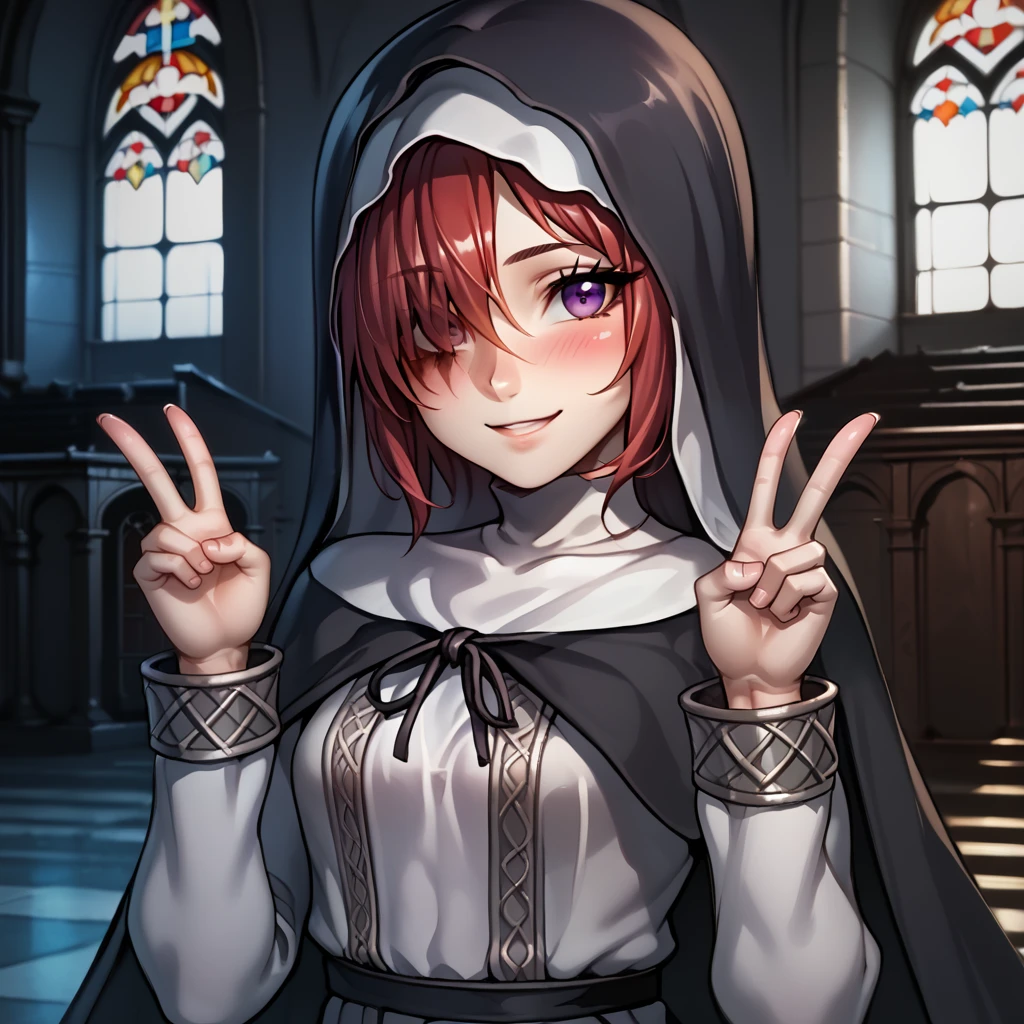 score_9,score_8_up,score_7_up,source_anime,
cowboy shot,<lora:sis (4):1>,sister friede,1girl,solo,hooded cape,dress,hood up,burn scar on face,purple eyes,red hair,hair over one eye,looking at viewer,smile,blush,cowboy shot,hands up,v,double v,church,depth of field,