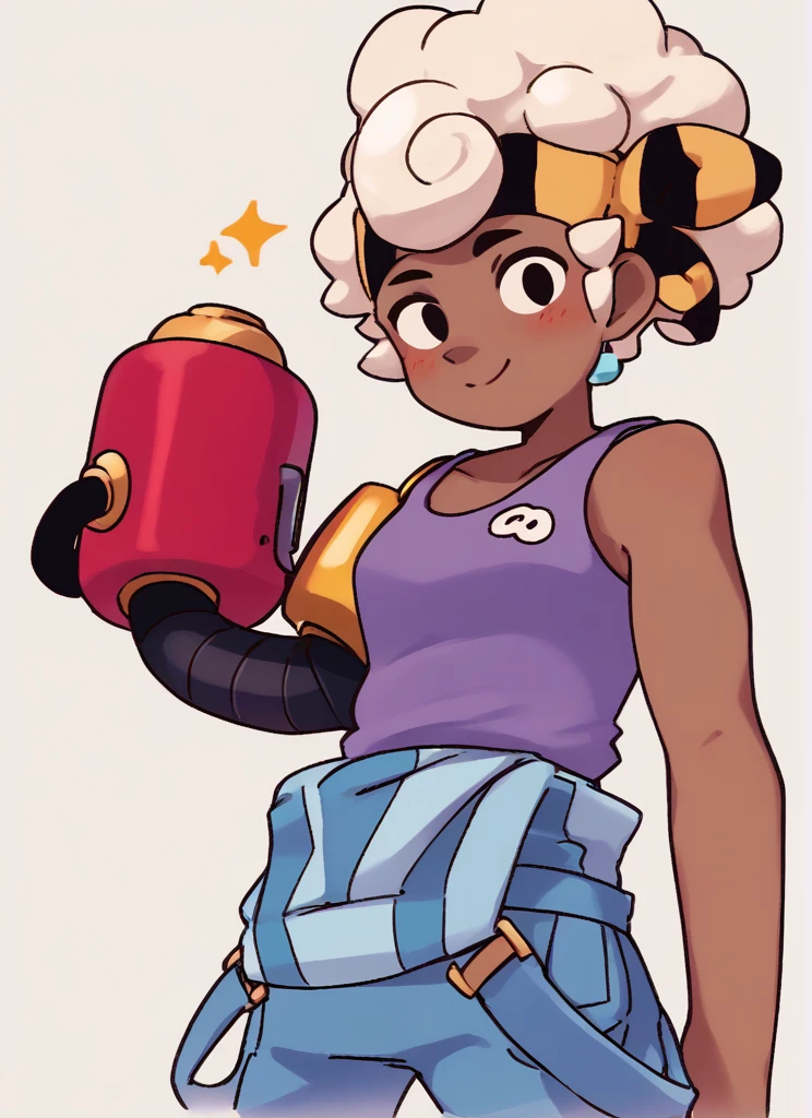 score_9, score_8_up, score_7_up bsmaisie, 1 girl , blonde hair , hairband , dark-skinned female, single mechanical arm, single arm , purple tank top ,overalls  , looking at viewer,  <lora:bsmaisie-000006:0.9>smile , blush,   ,from side,   <lora:Yagi_the_Goat_Style:1>by s1120411