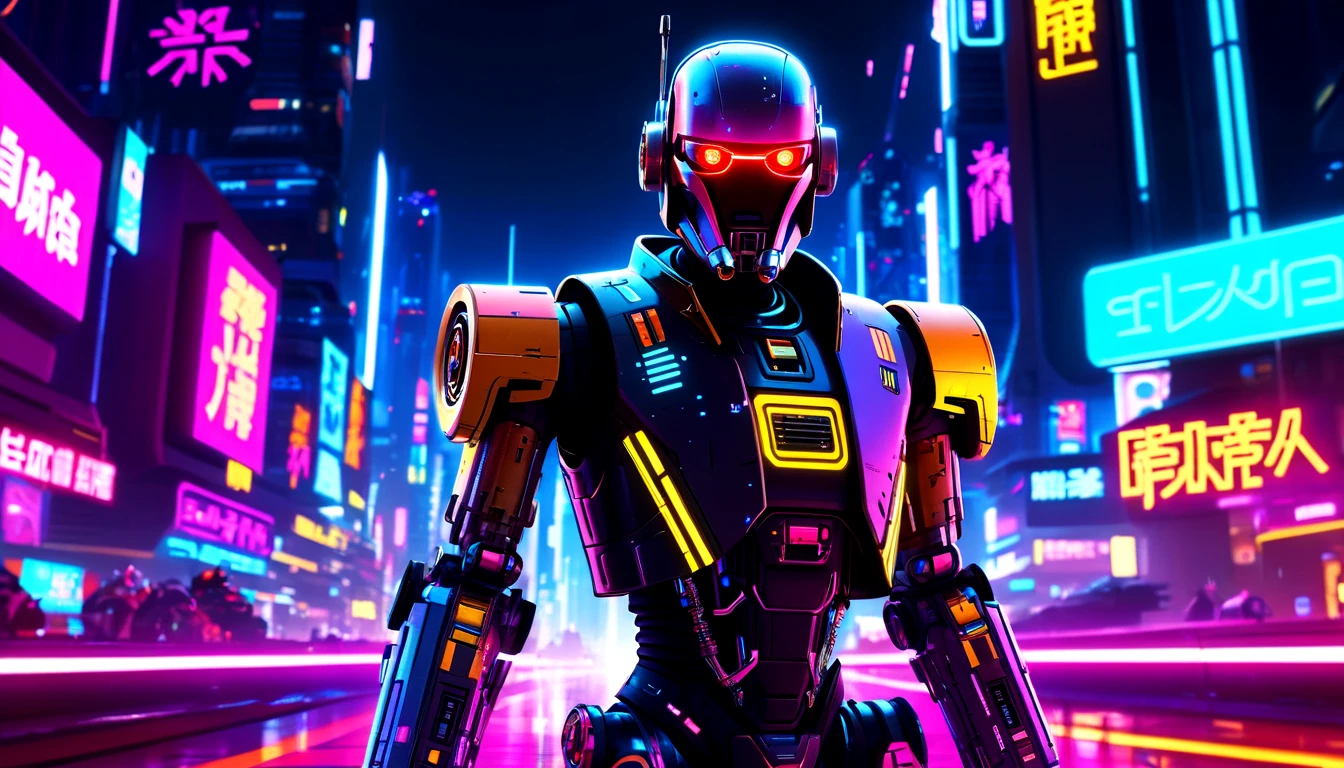 cyberpunk, concept art, cyborg (Star Wars movie Droid character:1.1) , background is night city, neon-lit as a Pulp Fiction movie character, wearing Skater clothing, studio lighting, high tech, neon hue, shadowrun
