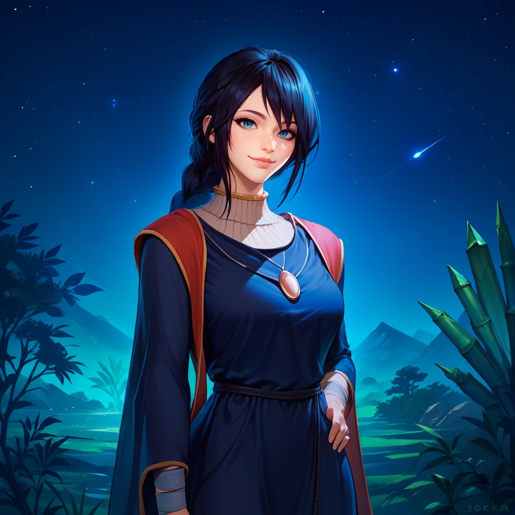 1girl,solo,<lora:sel (4):1>,sorceress sellen,magician robes,bandaged foot,blue eyes,black hair,braid,necklace, looking at viewer,smile,closed mouth,hand up,v,hand on own hip,standing,outdoors,bamboo forest,night,night sky,star \(sky\),crystal,, score_9, score_8_up, score_7_up, perfect anatomy, source_anime, zPDXL2,