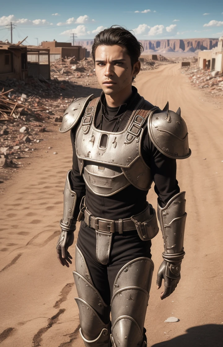 <lora:Metal_Armor_Fallout:0.6> falloutmetal, armor, boots, gray armor, breastplate, gloves, full_armor, male, desert, deserted town, standing, prominent jawline, cowboy shot, tornado in background, black hair, best quality, masterpiece, detailed, 8K, uhd, (extremely detailed CG unity 8k wallpaper),(masterpiece), (best quality), (ultra-detailed), (best illustration), detailed face, skin pores, detailed skin, detailed eyes, high quality eyes, good quality hands, high resolution, great anatomy