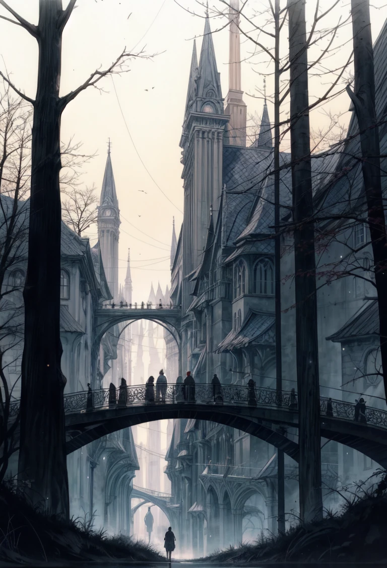 (Silhouette Art), breathtaking manga landscape, ancient elven forest, bridges span the trees and brightly lit houses nestled in the trees, warm fantasy feel,