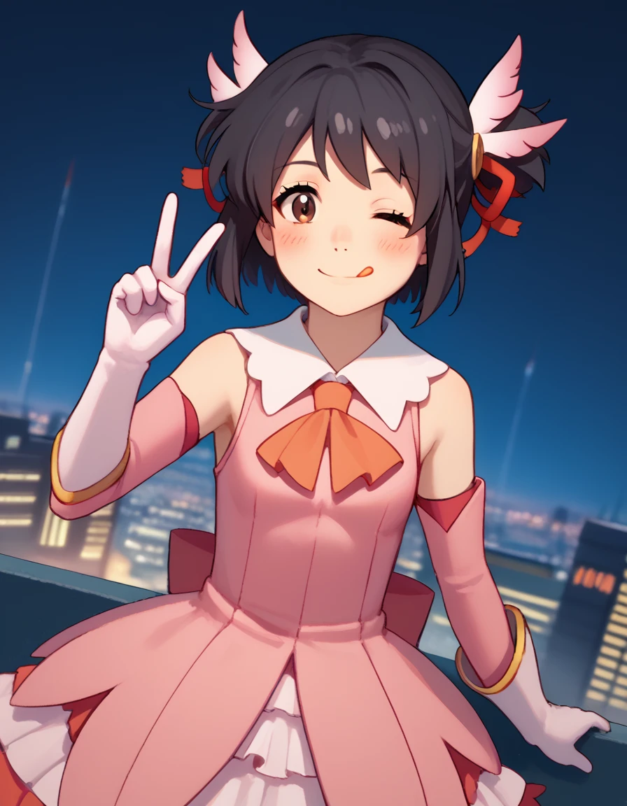 score_9, score_8_up, score_7_up, source_anime, mitsuhamiyamizu, <lora:mitsuha-miyamizu-ponyxl-lora-nochekaiser:1>, mitsuha miyamizu, black hair, brown eyes, short hair, ribbon, hair bun, hair ribbon, red ribbon,, <lora:prisma-illya-cosplay-ponyxl-lora-nochekaiser:1>, prismaillyacosplay, prisma illya \(cosplay\), dress, elbow gloves, feather hair ornament, feathers, frilled dress, frills, gloves, hair ornament, layered gloves, magical girl, orange ascot, pink dress, pink feathers, pink gloves, pink sleeves, white gloves,, cityscape, street, smile, blush, v, v over eye, one eye closed, tongue out,, cowboy shot, dutch angle, solo,