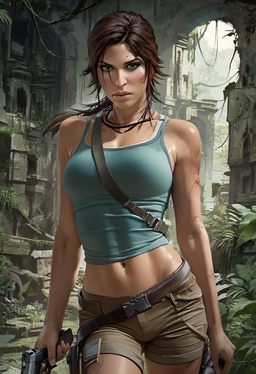 score_9, score_8_up, score_7_up, lara croft, teal crop top, midriff, brown shorts, holding pistol, ruins, jungle <lora:LaraCroft2013:0.8>