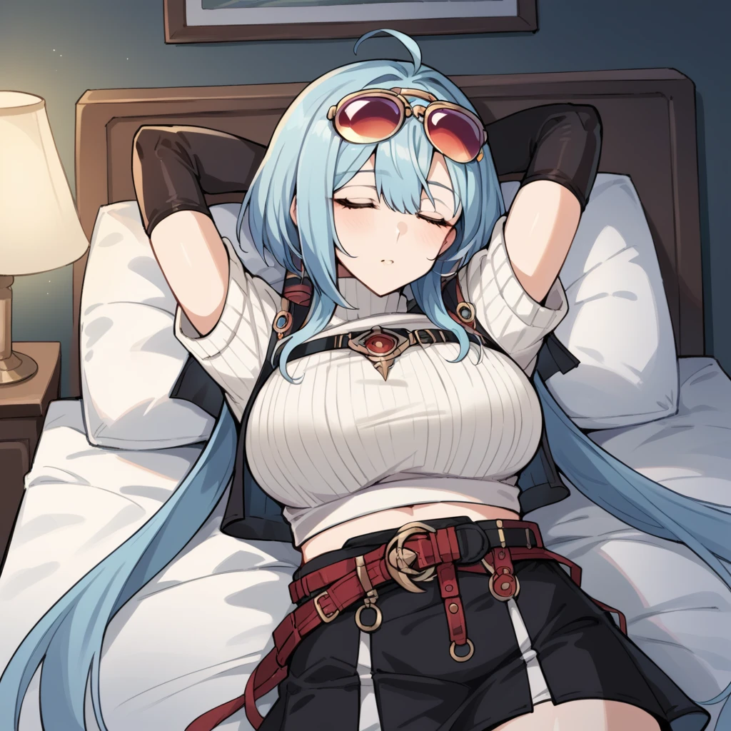 score_9_up, score_8_up, score_7_up, score_6up, source_anime, 1girl, solo, Griseo, Gris_Red, masterpiece, best quality, lamp, night time, lying on bed, reclining, head on pillow, hands behind head, sleeping, closed eyes, long hair, low twintails, blue hair, crop top, cropped black jacket, midriff, short sleeves, black shorts, black skirt, side skirt, black thighhighs, elbow gloves, black gloves, ahoge, white sweater, belt, eyewear on head, mature body, dynamic cowboy shot, indoors, bedroom background,