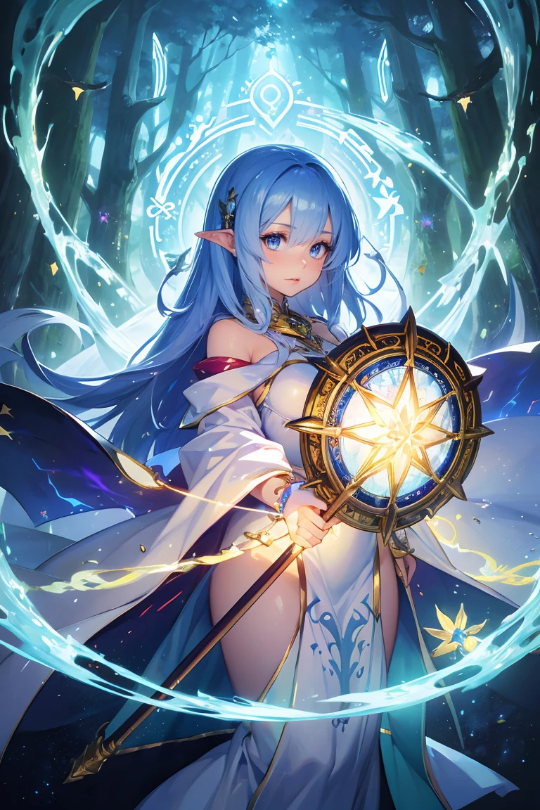 best quality,masterpiece,illustration,ultra-detailed,beautiful detailed eyes,(1girl:1.3),white robe,magician,enchanting spell,high-angle view,magical forest,otherworldly beauty,casting pose,magical staff,invocation effects,soft and ethereal light,fantastical atmosphere,mystical creatures,empowering allies,enhancing abilities,elemental magic,swirling energy,pulsating aura,determination,support,vibrant colors,glowing runes,levitating,swirling leaves,teamwork,magical bonds,protective shield,guiding light,shimmering particles,enchanted surroundings,harmony with nature,hope,wisdom,ancient secrets,celestial beings,arcane knowledge,mystic symbols,spellcasting,elemental forces,