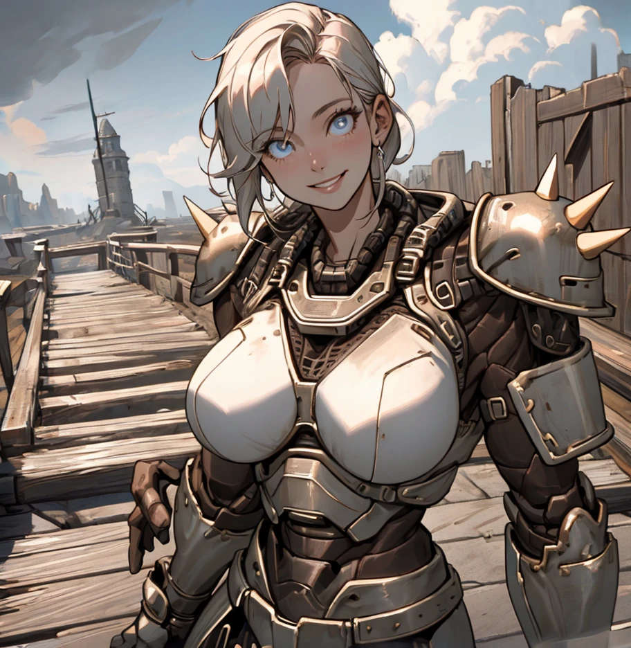 <lora:Metal_Armor_Fallout:0.8> falloutmetal, armor, breastplate, full_armor, gloves, boots,  spikes on shoulder,  destroyed castle in background, wooden bridge, cloudy sky, atmospheric lighting, large breasts, smiling, female, best quality, masterpiece, detailed, 8K, uhd, (extremely detailed CG unity 8k wallpaper),(masterpiece), (best quality), (ultra-detailed), (best illustration), detailed face, skin pores, detailed skin, detailed eyes, high quality eyes, good quality hands, high resolution, great anatomy