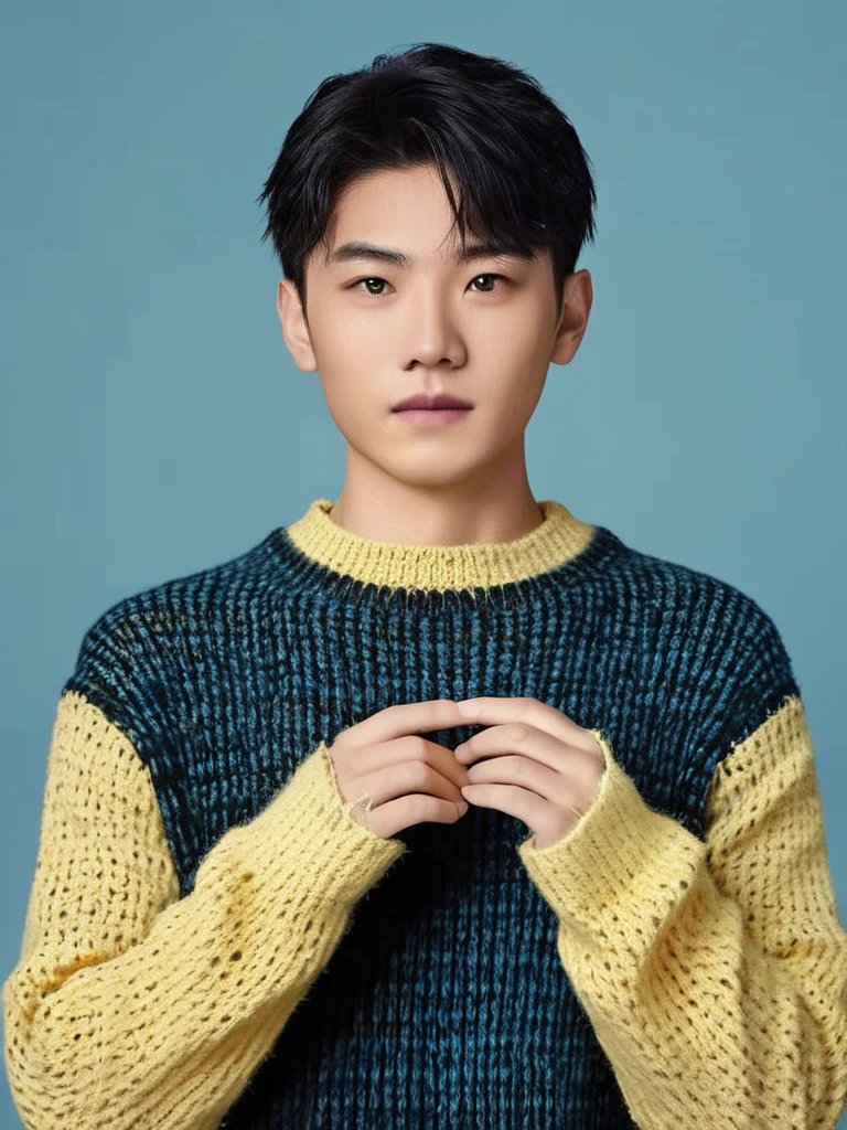 A boy, half length photo, with jet black hair, facing the camera, wearing a yellow knitted sweater, with a light blue background, high-definition realism, 8k