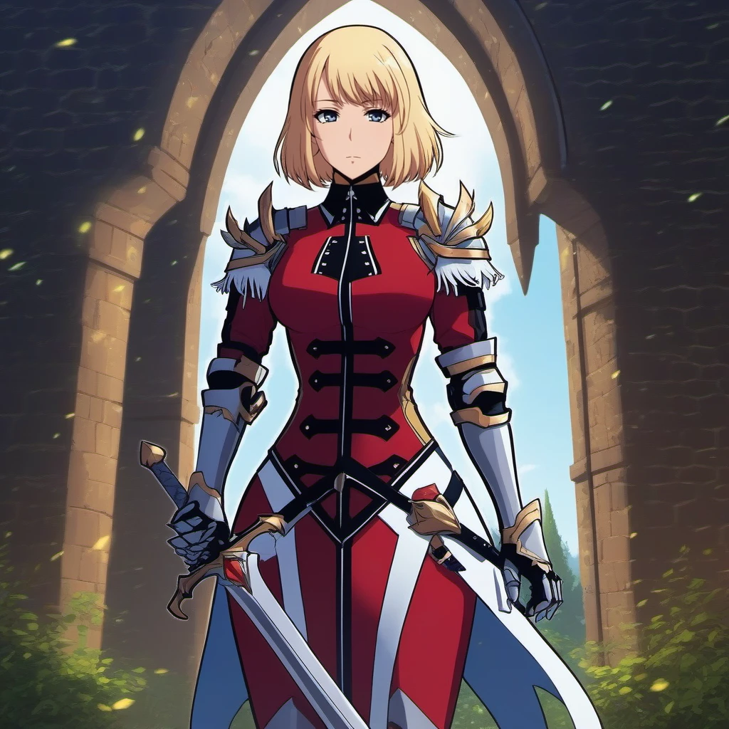 anime artwork full body portrait 1GIRL,SOLO,BLONDE short HAIR, LARGE BREAST, ARMOR, sword, weapon, SHEATH, GAUNTLETS, BOOTS, stands in a medieval castle garden <lora:ChaHaeIn1024:0.8> . anime style, key visual, vibrant, studio anime,  highly detailed