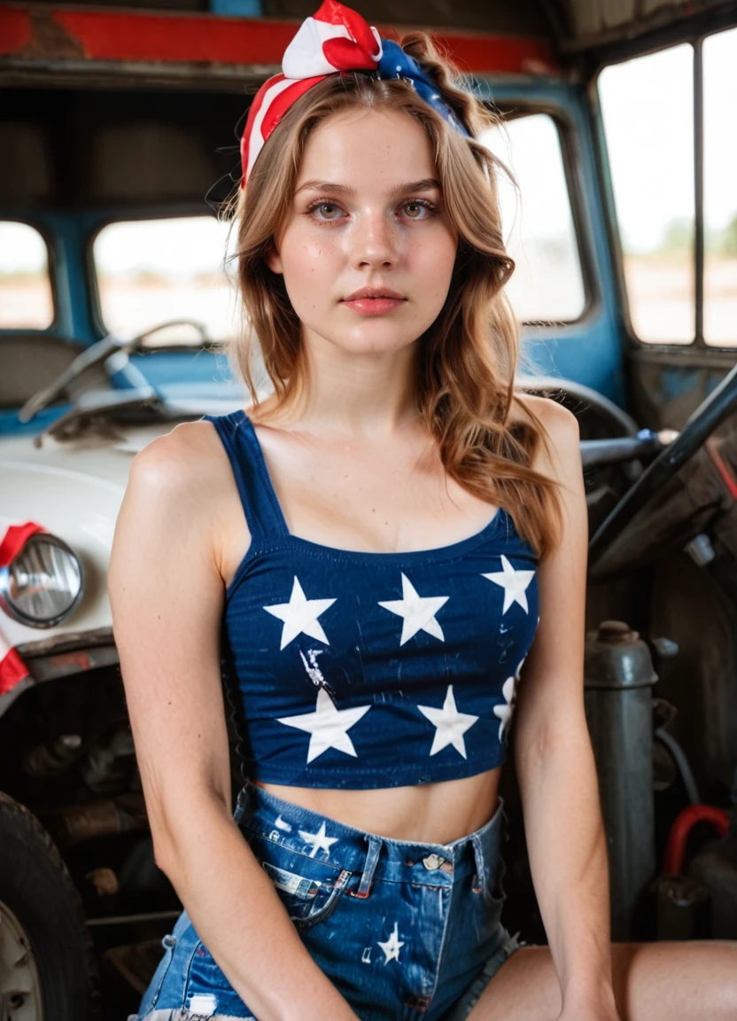 <lora:Jamie (the RBAAG)_epoch_10:0.9> j4mi3, 1girl, bandana, breasts, brown eyes, brown hair, denim, denim shorts, freckles, ground vehicle, lips, long hair, looking at viewer, motor vehicle, patriotic, shorts, sleeveless, solo, tank top, score_9, score_8_up, score_7_up, source_photo, (photography, realistic:1.4),