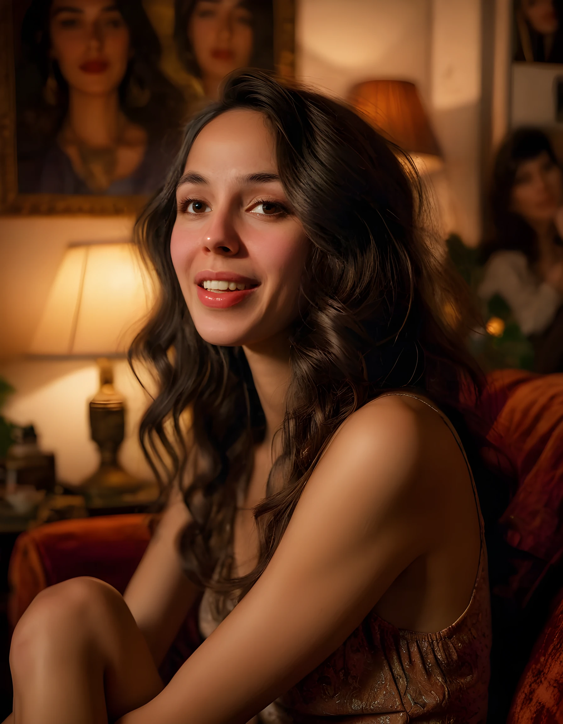 In a dimly lit, bohemian apartment adorned with eclectic trinkets and vintage furniture, the camera focuses on S4R4D, a woman of striking beauty with long, wavy black hair cascading down her back, her expressive brown eyes gleaming with warmth as she gazes off into the distance. The soft focus creates a blurry effect around her, emphasizing her vibrant red lipstick and the subtle curve of her parted lips. She's captured in a candid moment, sitting on a worn-out velvet couch, one leg crossed over the other, her hands resting casually on her knee. The warm, ambient light from the lamp next to her creates dramatic shadows that play upon her delicate features, illuminating her radiant smile and capturing a sense of serene contentment in this intimate, close-up portrait.