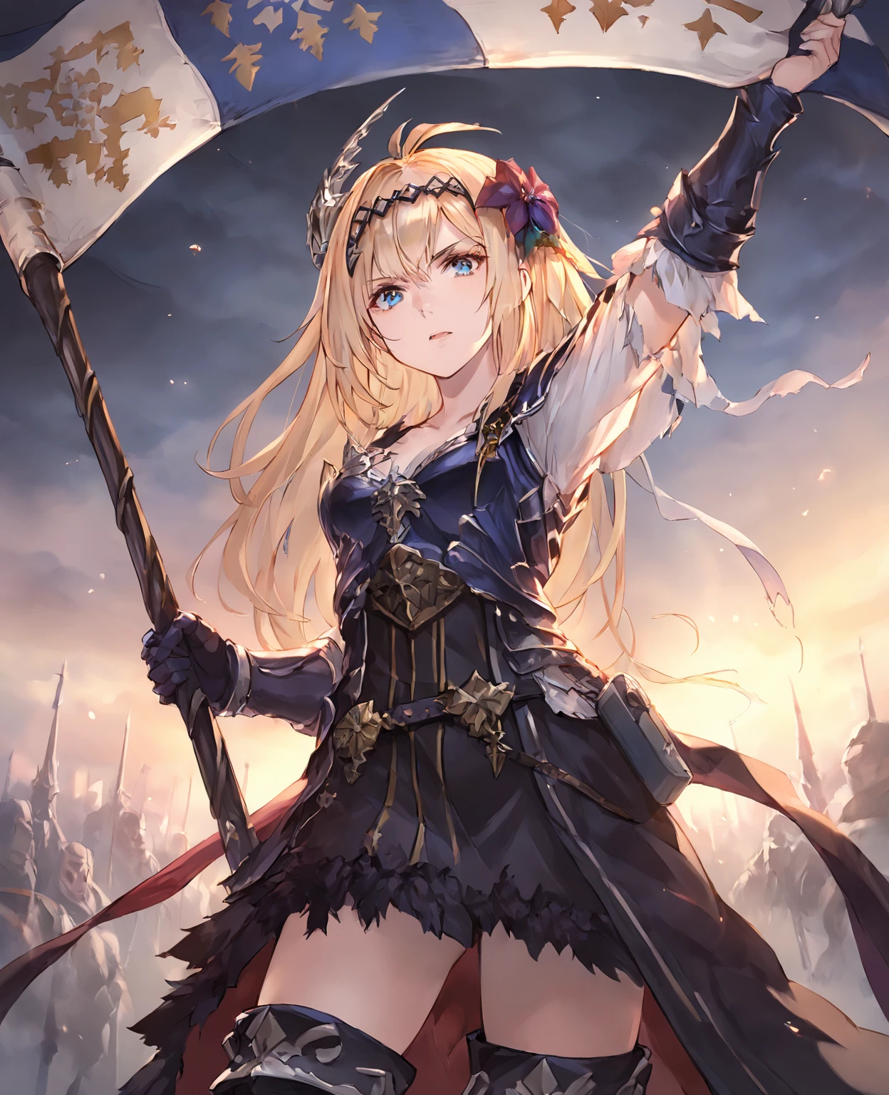 score_9,score_8_up,score_7_up,source_anime,rating_safe BREAK masterpiece,highres,best quality,high quality,dramatic angle,cinematic lighting,1girl,<lora:CygamesJeanne_V4_pony-000030:1>,blonde hair,blue eyes,Costume1,JeanneDefault,hair ornament,headgear,hair flower,collarbone,detached sleeves,armor,black dress,torn skirt,thigh boots,belt,holding sword,serious,sunrise,shiny,sunshine,flag,looking at viewer,from below,gauntlets,hand up,open mouth,raised flag,raised arm