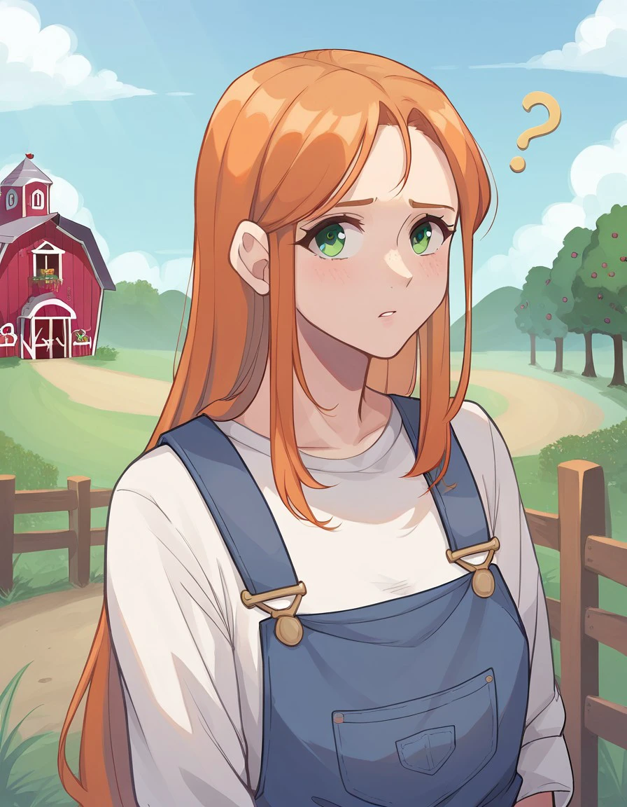 score_9, score_8_up, score_7_up, rating_safe, solo, folait, upper body, overalls, wild ginger hair, long hair, farm, farming, looking up at viewer, confused