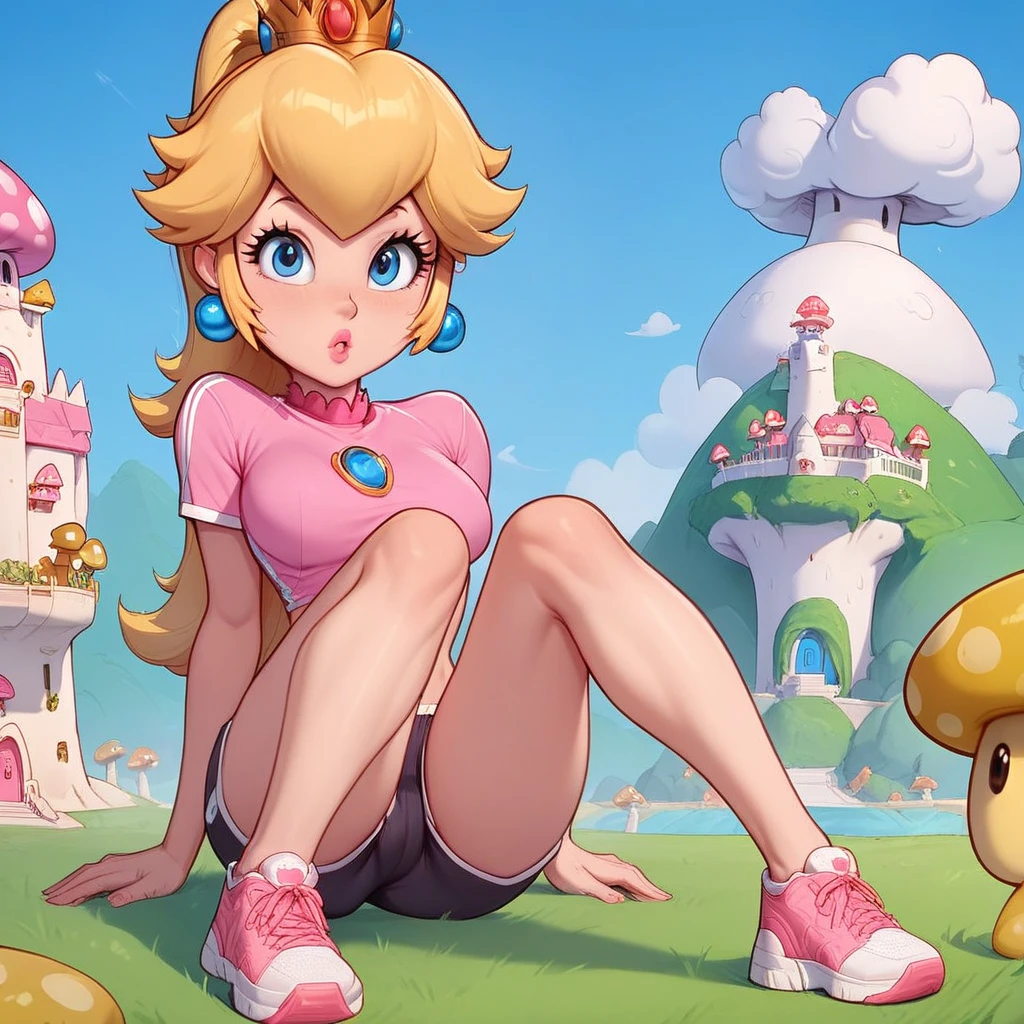 Princess Peach prepares for a training session in the Mushroom Castle gym. She sports a set of modern gym clothes, with a tight light pink top and matching shorts that flatter her figure. Her shoulder-length blonde hair is pulled back into a high ponytail, with wavy strands framing her face. She details how her blue eyes shine with determination as she stretches. Includes details about your sneakers and functional accessories