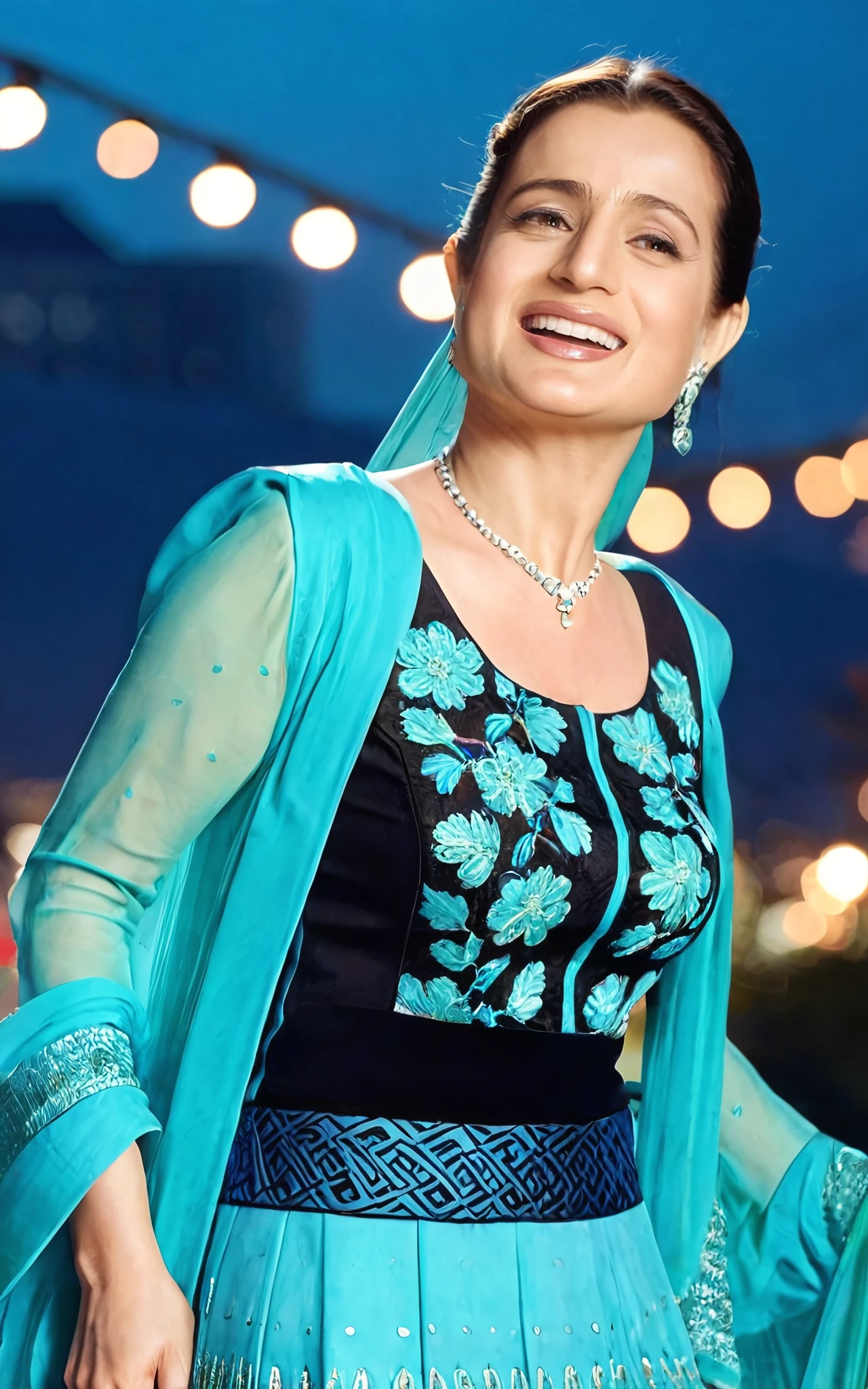 full body photo of ameesha patel woman, solo, , laughing, looking at the camera,  Cyan ethnic clothing, night time, contrasting background bokeh  <lora:Ameesha_Patel_SDXL_LoRA_prodigy_local_xformers:1>