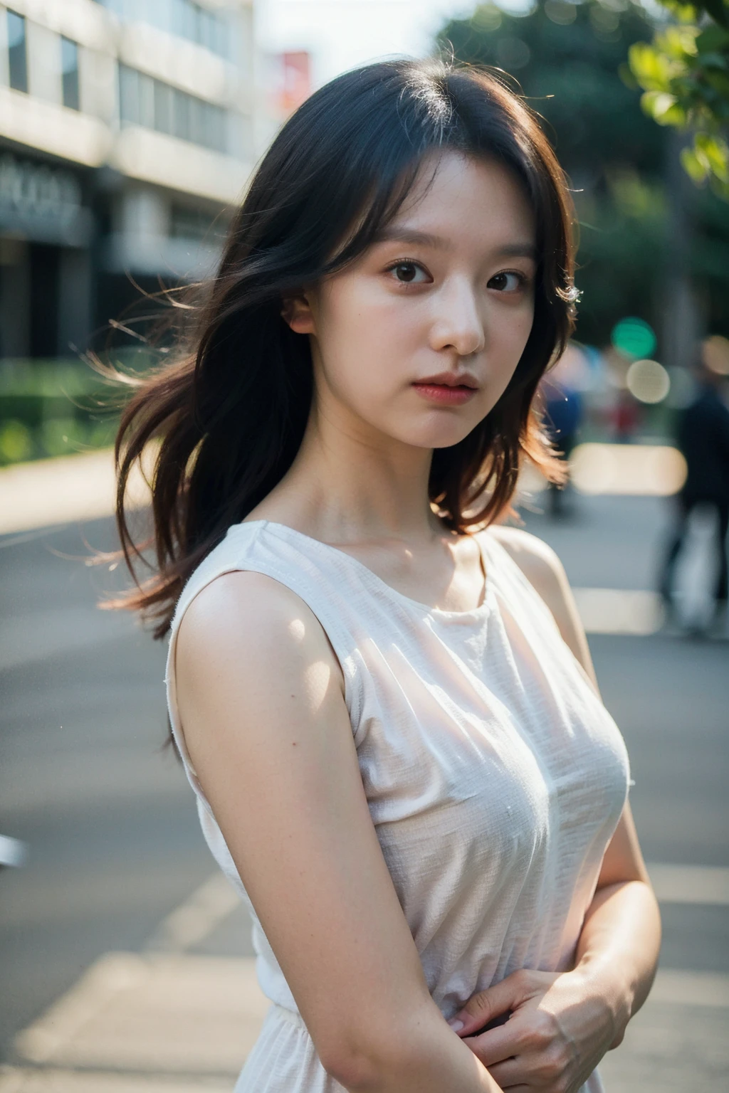 Best quality, masterpiece, ultra high res, (photorealistic), raw photo,1girl, skinny, upper body,solo, realistic, looking at viewer, long hair, bokeh background, city streets, daylight, mini dress,  <lora:makina69_kimjiwon_v1.0:1>